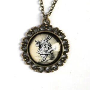 Alice in Wonderland Inspired White Rabbit Pendant Necklace on Chain, Nickel-Free